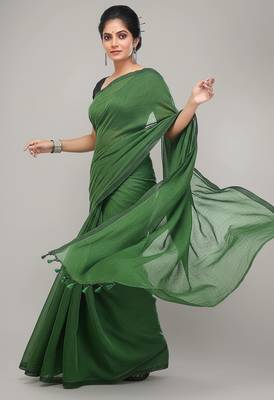 Teal Green fancy cotton handloom saree with blouse piece for women 5