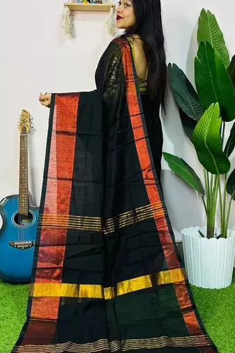 Black fancy cotton handloom saree with blouse piece for women