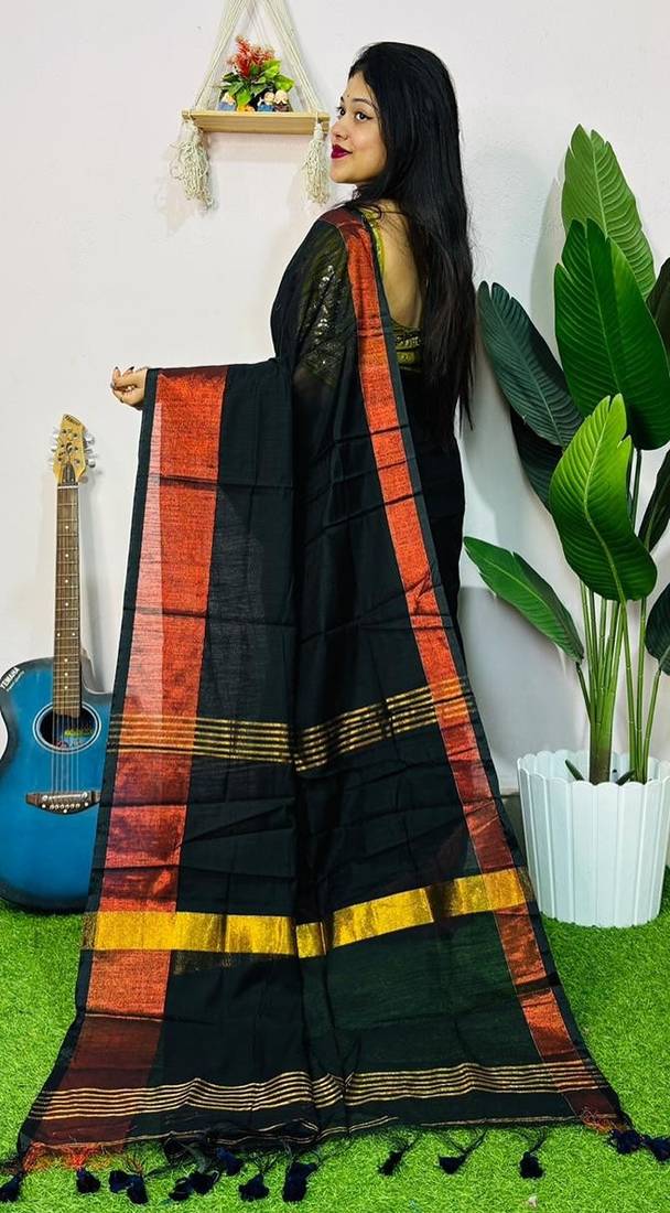 Black fancy cotton handloom saree with blouse piece for women