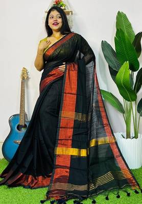 Black fancy cotton handloom saree with blouse piece for women 2