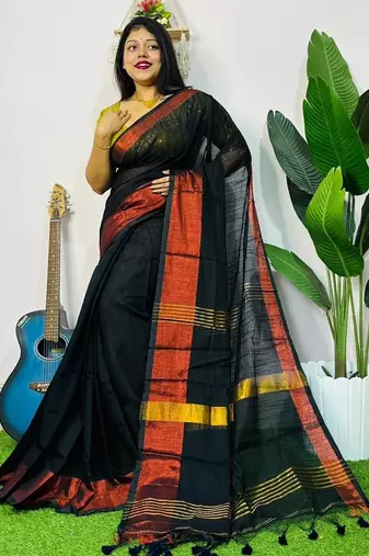 Black fancy cotton handloom saree with blouse piece for women