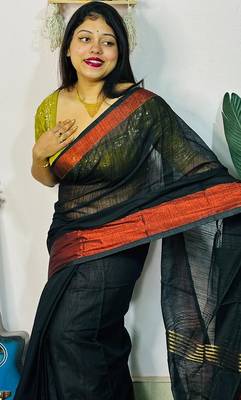 Black fancy cotton handloom saree with blouse piece for women 3