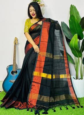 Black fancy cotton handloom saree with blouse piece for women 4