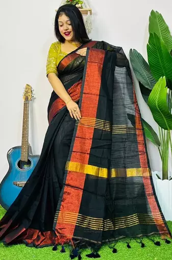Black fancy cotton handloom saree with blouse piece for women