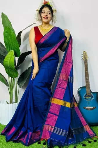 Blue fancy cotton handloom saree with blouse piece for women