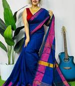 Blue fancy cotton handloom saree with blouse piece for women