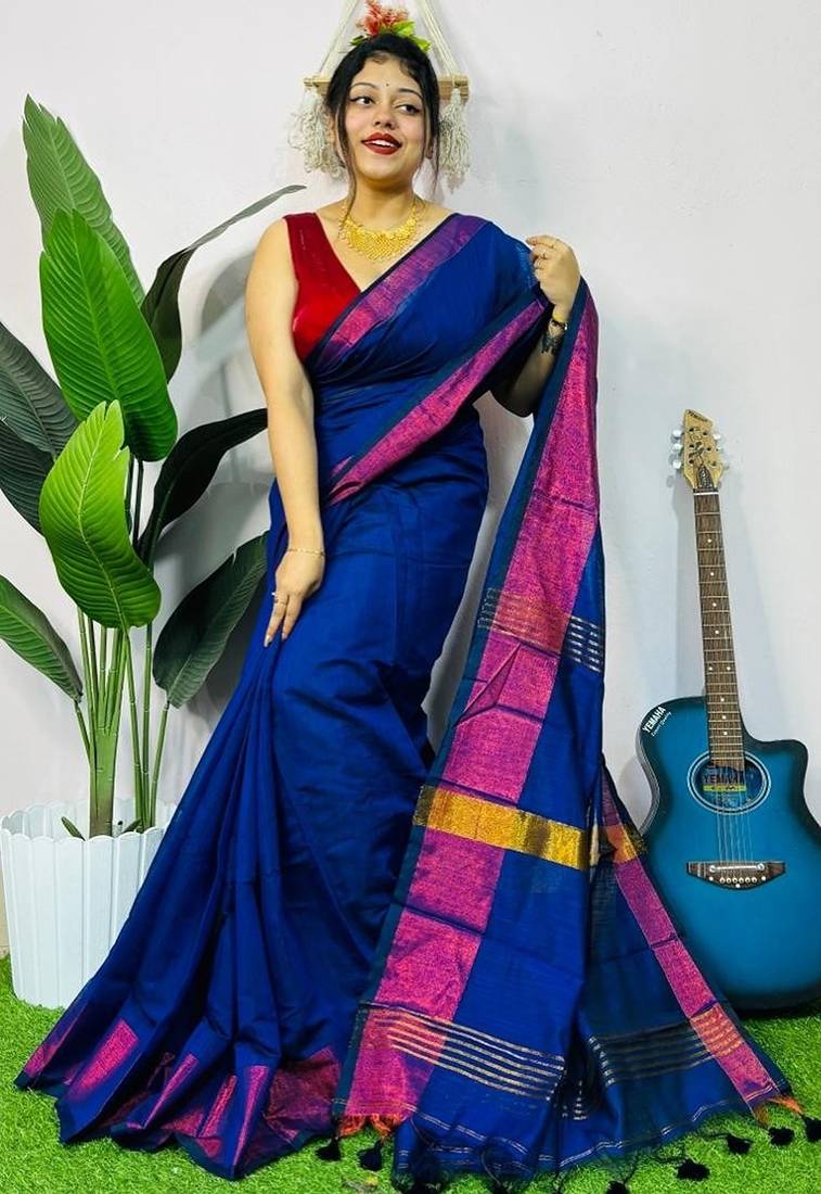 Blue fancy cotton handloom saree with blouse piece for women