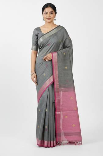 Grey fancy cotton handloom saree with blouse piece for women