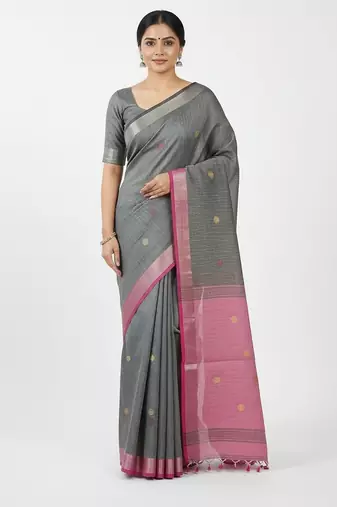 Grey fancy cotton handloom saree with blouse piece for women