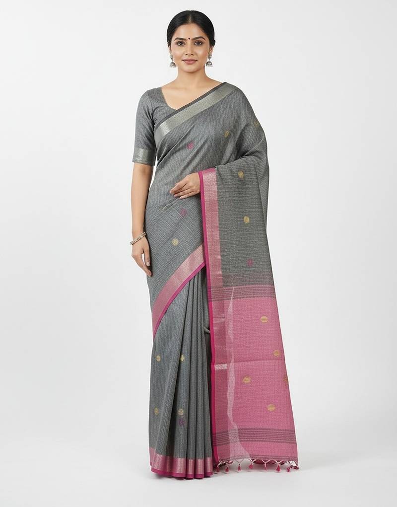Grey fancy cotton handloom saree with blouse piece for women