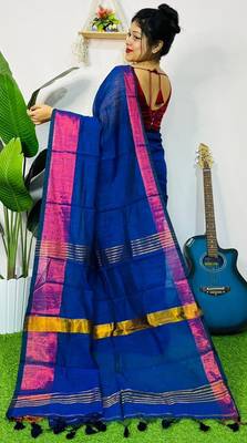 Blue fancy cotton handloom saree with blouse piece for women 2