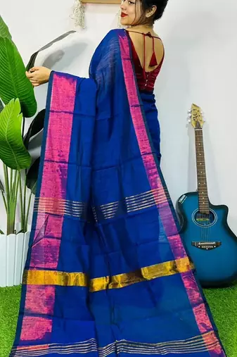 Blue fancy cotton handloom saree with blouse piece for women