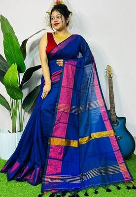 Blue fancy cotton handloom saree with blouse piece for women 3