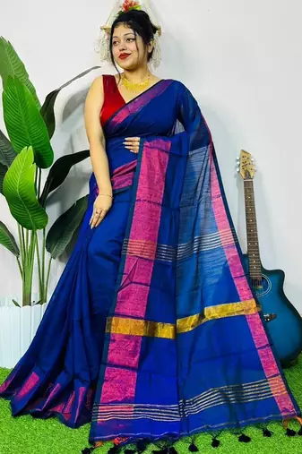 Blue fancy cotton handloom saree with blouse piece for women
