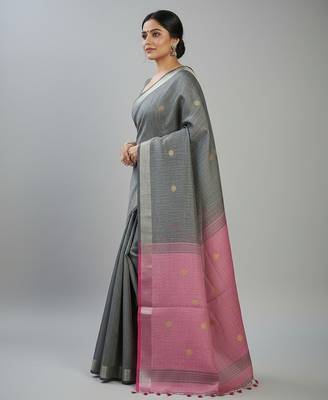 Grey fancy cotton handloom saree with blouse piece for women 2