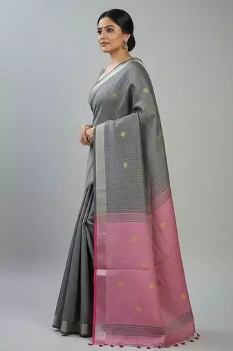 Grey fancy cotton handloom saree with blouse piece for women