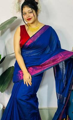 Blue fancy cotton handloom saree with blouse piece for women 4
