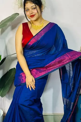Blue fancy cotton handloom saree with blouse piece for women