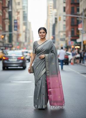 Grey fancy cotton handloom saree with blouse piece for women 3