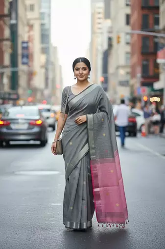 Grey fancy cotton handloom saree with blouse piece for women