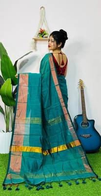 Blue fancy cotton handloom saree with blouse piece for women 2