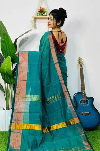 Blue fancy cotton handloom saree with blouse piece for women