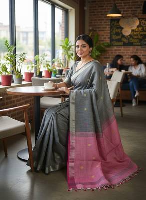 Grey fancy cotton handloom saree with blouse piece for women 4