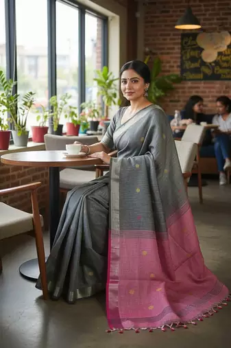 Grey fancy cotton handloom saree with blouse piece for women