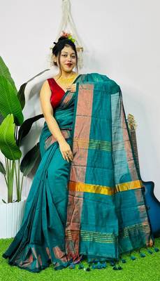 Blue fancy cotton handloom saree with blouse piece for women 1