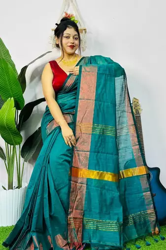 Blue fancy cotton handloom saree with blouse piece for women