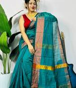 Blue fancy cotton handloom saree with blouse piece for women