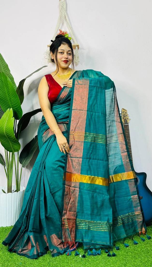 Blue fancy cotton handloom saree with blouse piece for women