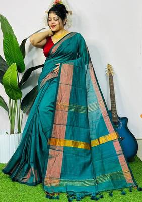 Blue fancy cotton handloom saree with blouse piece for women 3