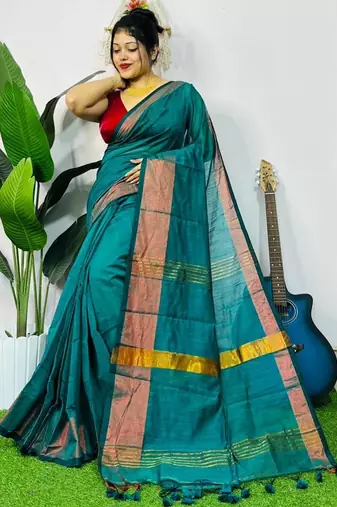 Blue fancy cotton handloom saree with blouse piece for women