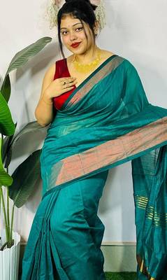 Blue fancy cotton handloom saree with blouse piece for women 4