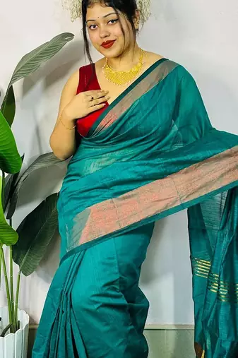 Blue fancy cotton handloom saree with blouse piece for women