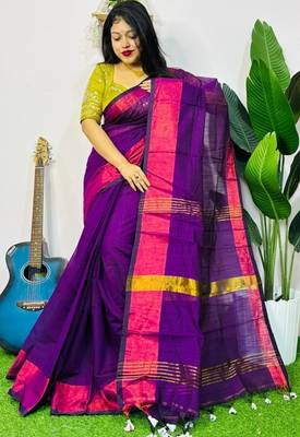 Magenta fancy cotton handloom saree with blouse piece for women 1