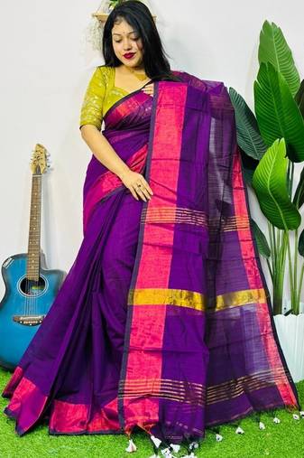 Magenta fancy cotton handloom saree with blouse piece for women