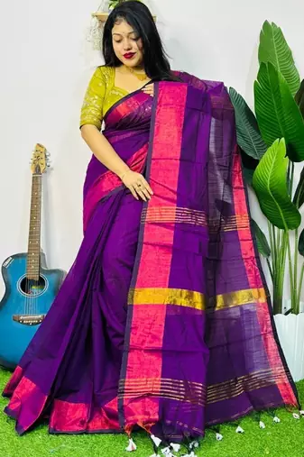 Magenta fancy cotton handloom saree with blouse piece for women