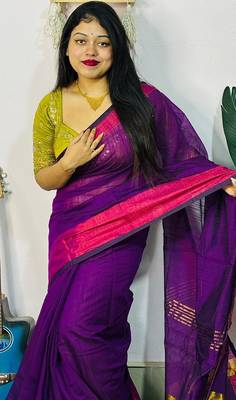 Magenta fancy cotton handloom saree with blouse piece for women 2