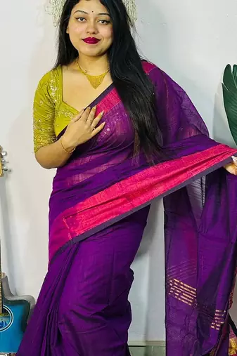 Magenta fancy cotton handloom saree with blouse piece for women