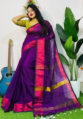 Magenta fancy cotton handloom saree with blouse piece for women 3