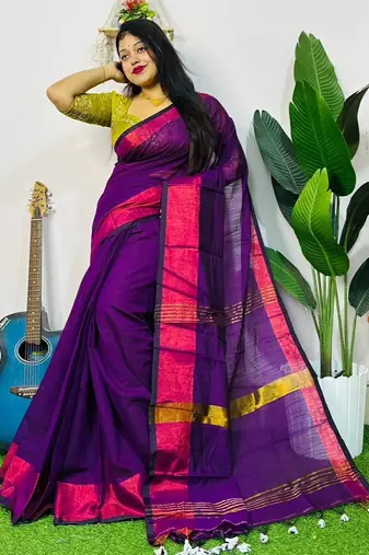 Magenta fancy cotton handloom saree with blouse piece for women