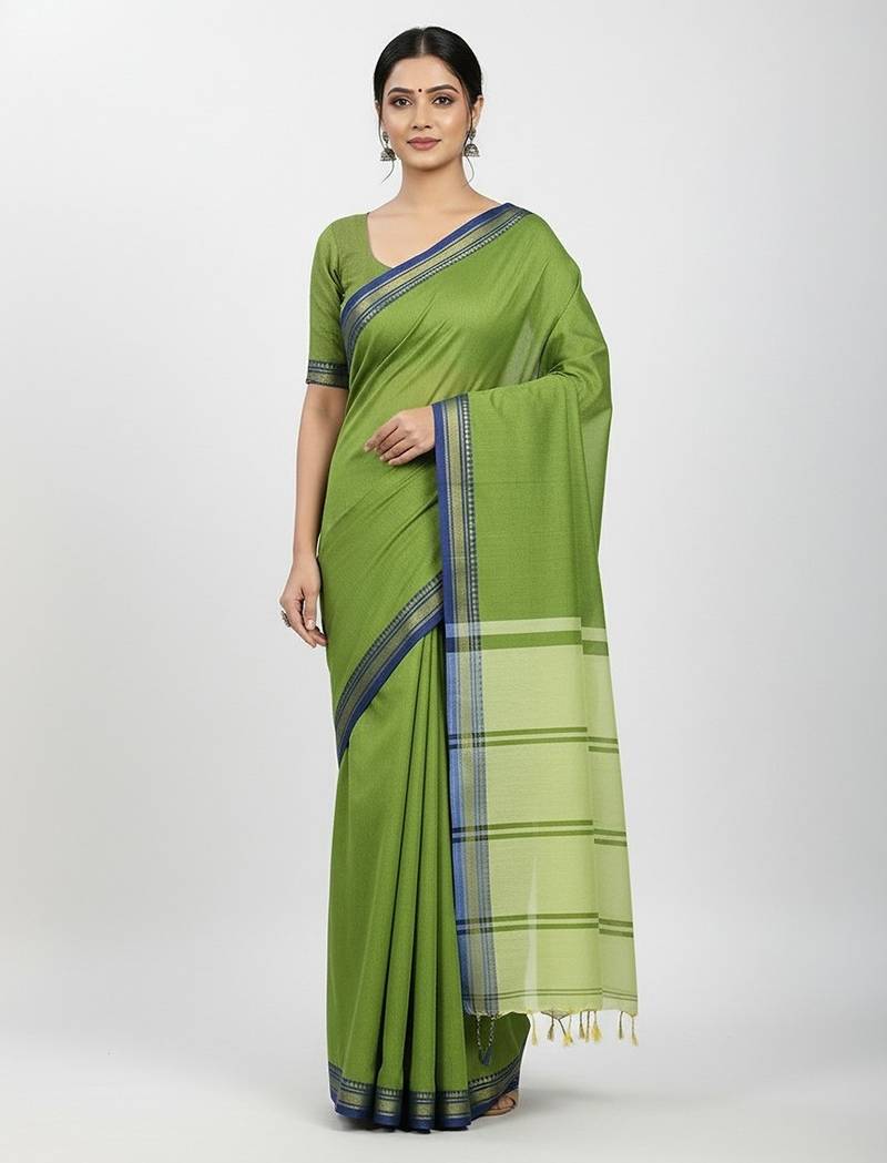 Pista fancy cotton handloom saree with blouse piece for women