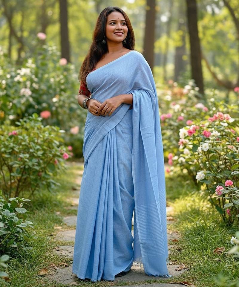 Sky fancy cotton handloom saree with blouse piece for women