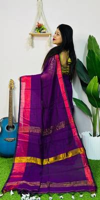 Magenta fancy cotton handloom saree with blouse piece for women 4