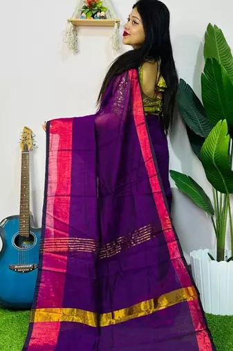 Magenta fancy cotton handloom saree with blouse piece for women