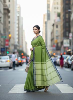 Pista fancy cotton handloom saree with blouse piece for women 2