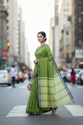 Pista fancy cotton handloom saree with blouse piece for women