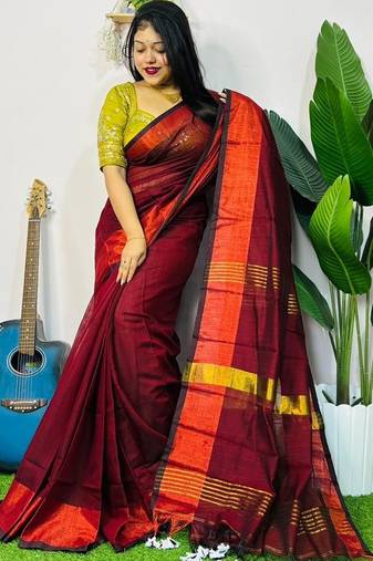 Red fancy cotton handloom saree with blouse piece for women